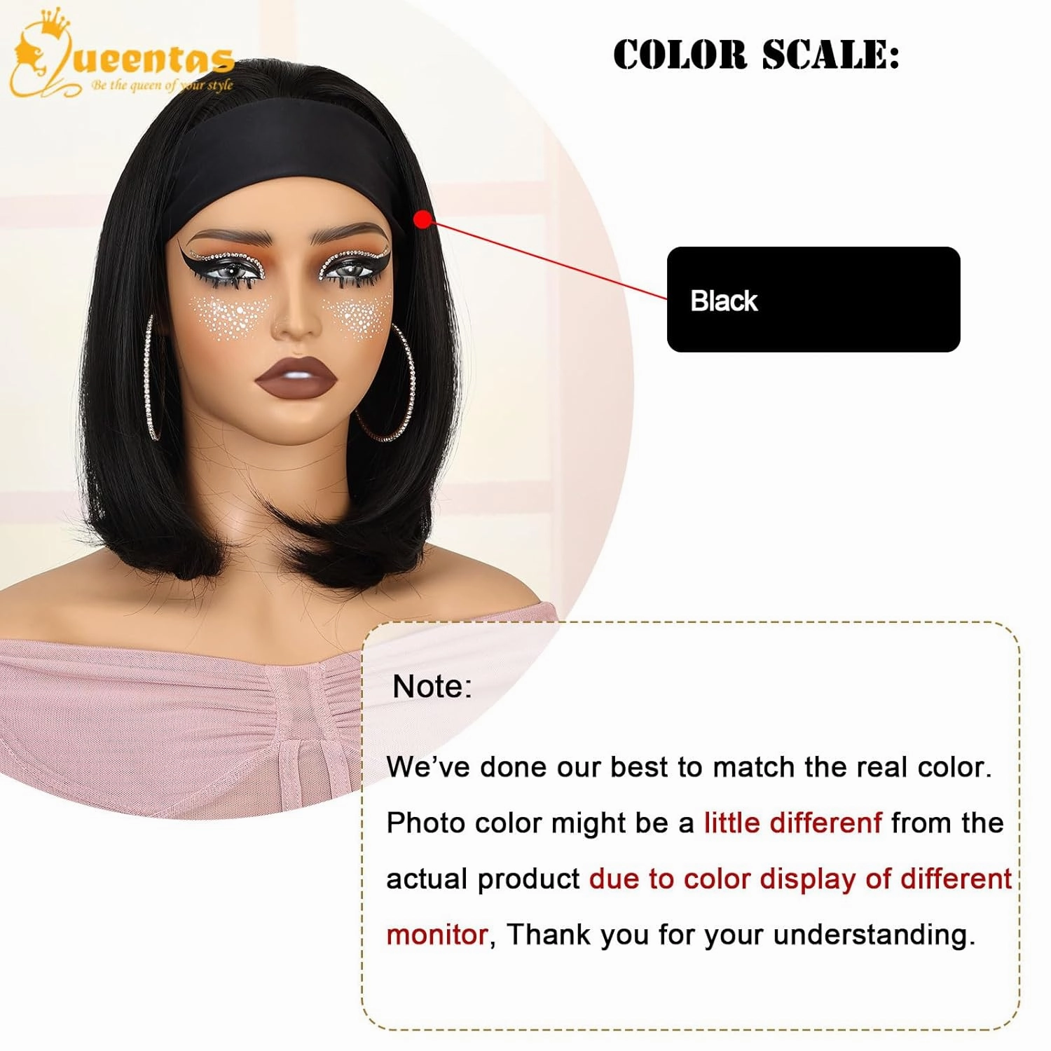 QUEENTAS 13" Bob Headband Wigs for Black Women Natural Black Bob Straight Hair Synthetic Headband Wigs Shoulder Length No Lace Easy Put On and Go Glueless Wig(#1B)
