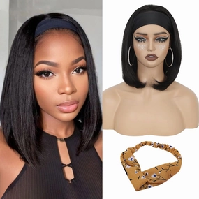 QUEENTAS 13" Bob Headband Wigs for Black Women Natural Black Bob Straight Hair Synthetic Headband Wigs Shoulder Length No Lace Easy Put On and Go Glueless Wig(#1B)