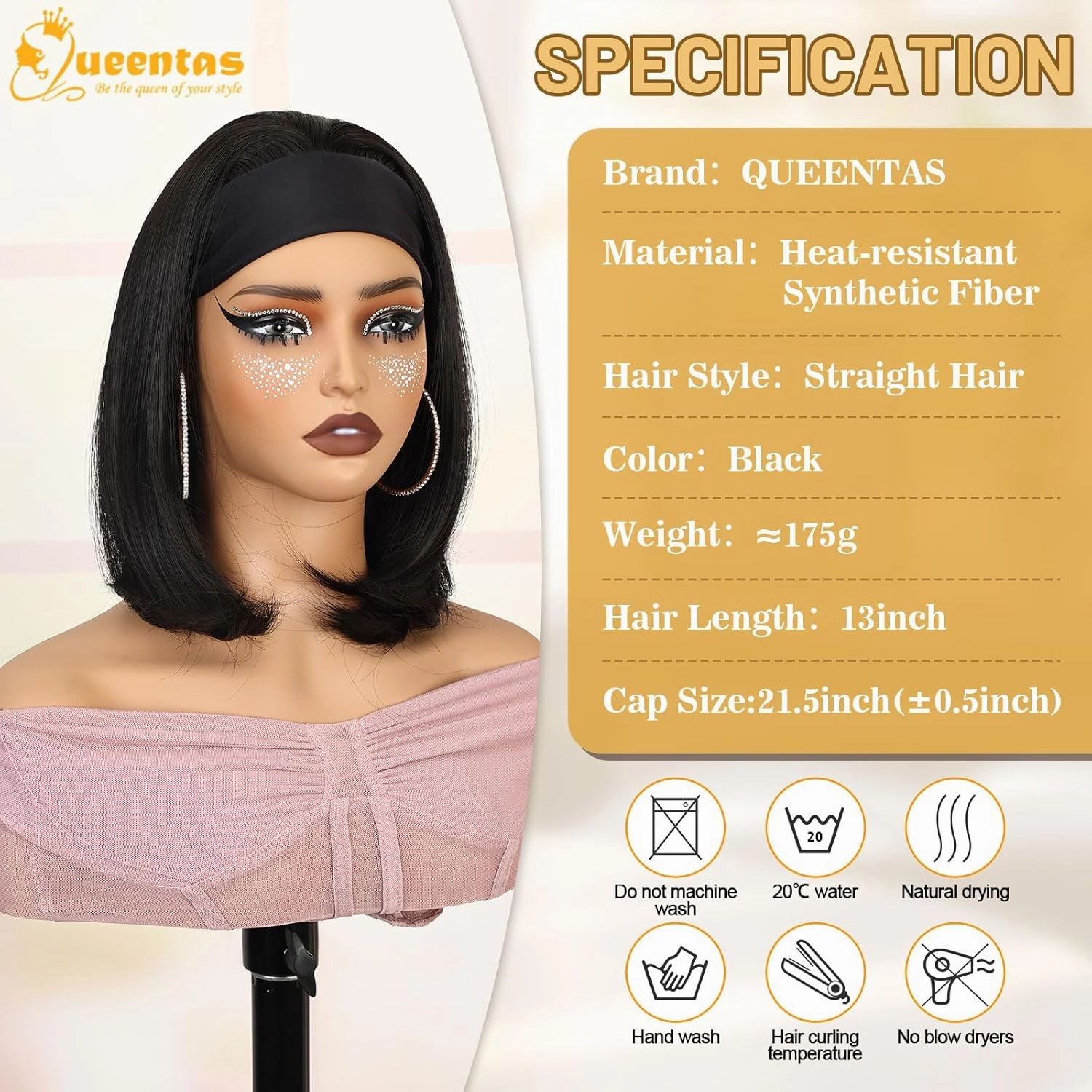 QUEENTAS 13" Bob Headband Wigs for Black Women Natural Black Bob Straight Hair Synthetic Headband Wigs Shoulder Length No Lace Easy Put On and Go Glueless Wig(#1B)