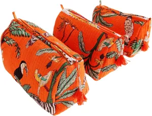 Rastogi Handicrafts Cosmetic Bags Set, 3 Piece Make Up Organizer Bag Storage Bags with Zipper Closure (3, Orange, Design-3)