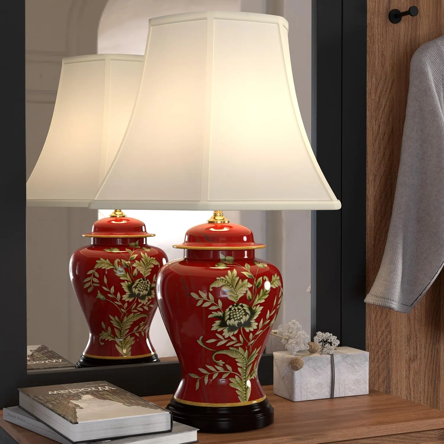 Red Lantern 22.5" Golden Foliage Porcelain Lamp