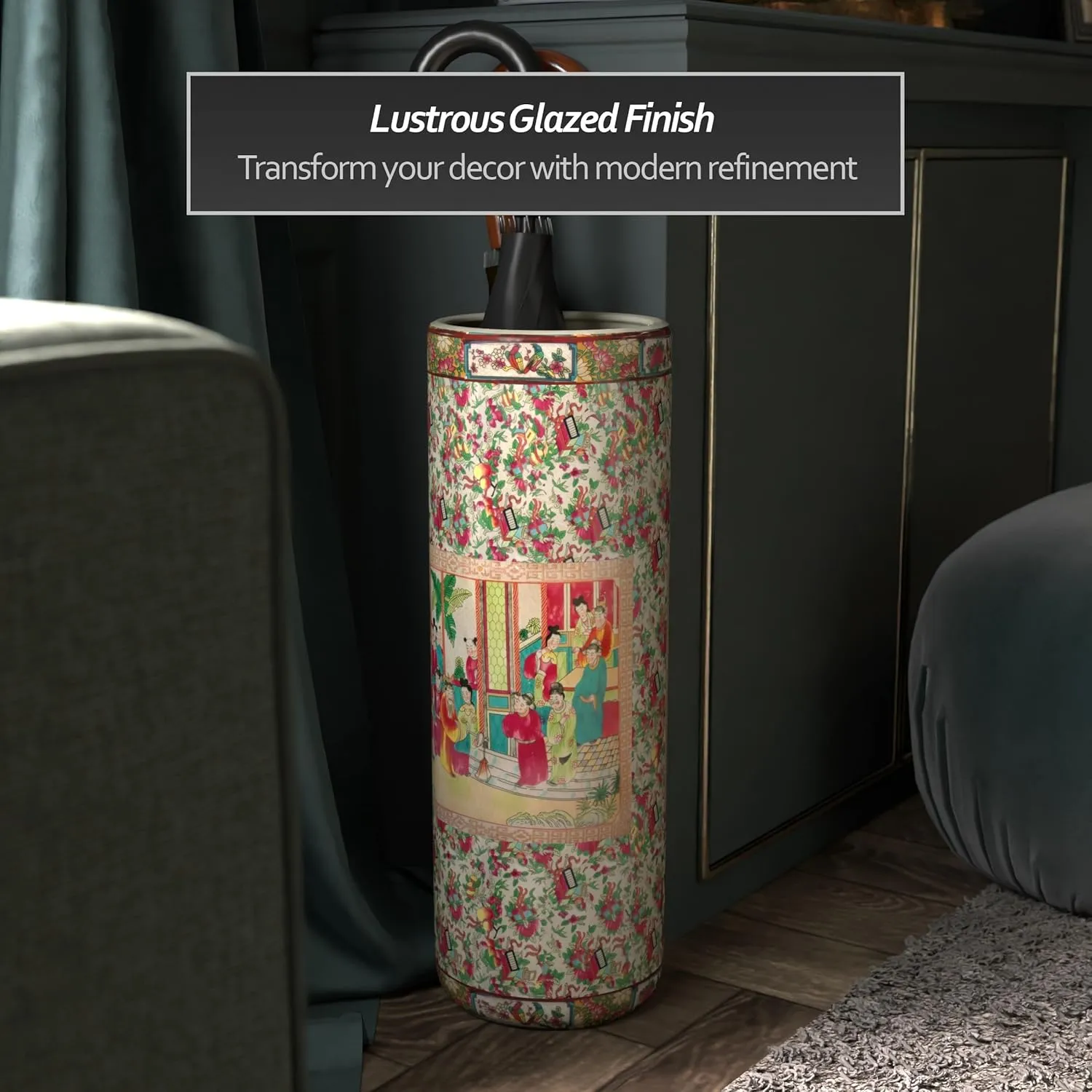 Red Lantern 24" Rose Medallion Porcelain Umbrella Stand