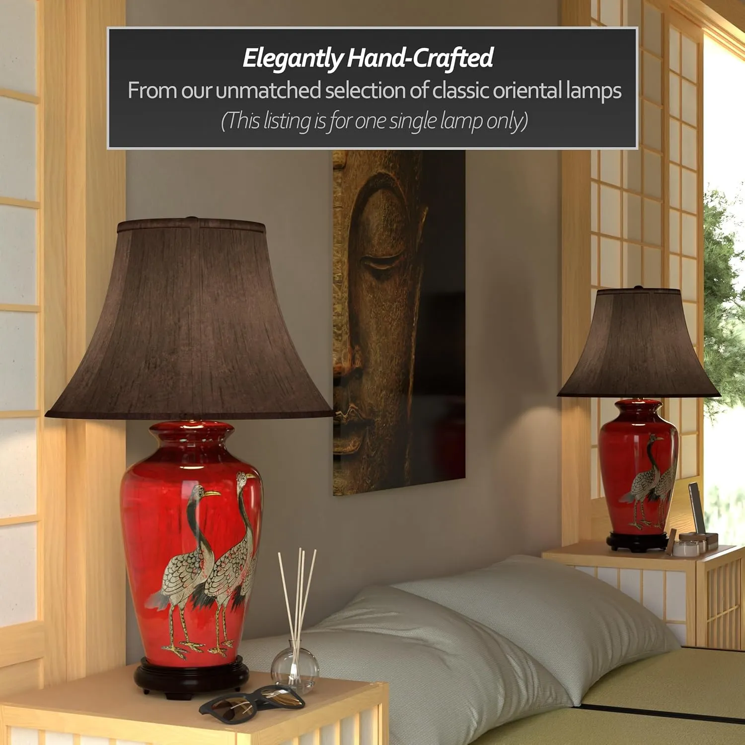 Red Lantern 26" Crowned Vase Table Lamp, Red Cranes