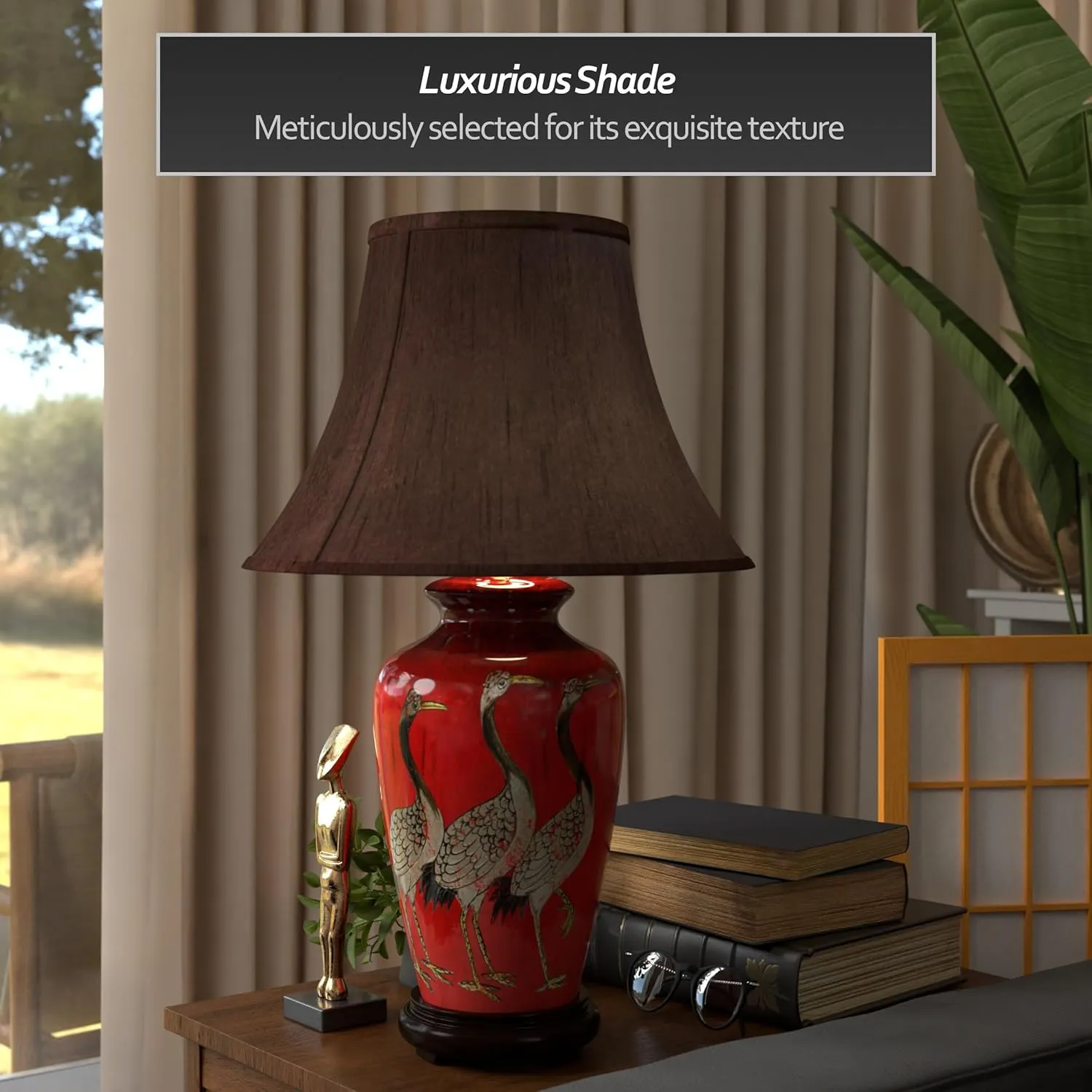 Red Lantern 26" Crowned Vase Table Lamp, Red Cranes