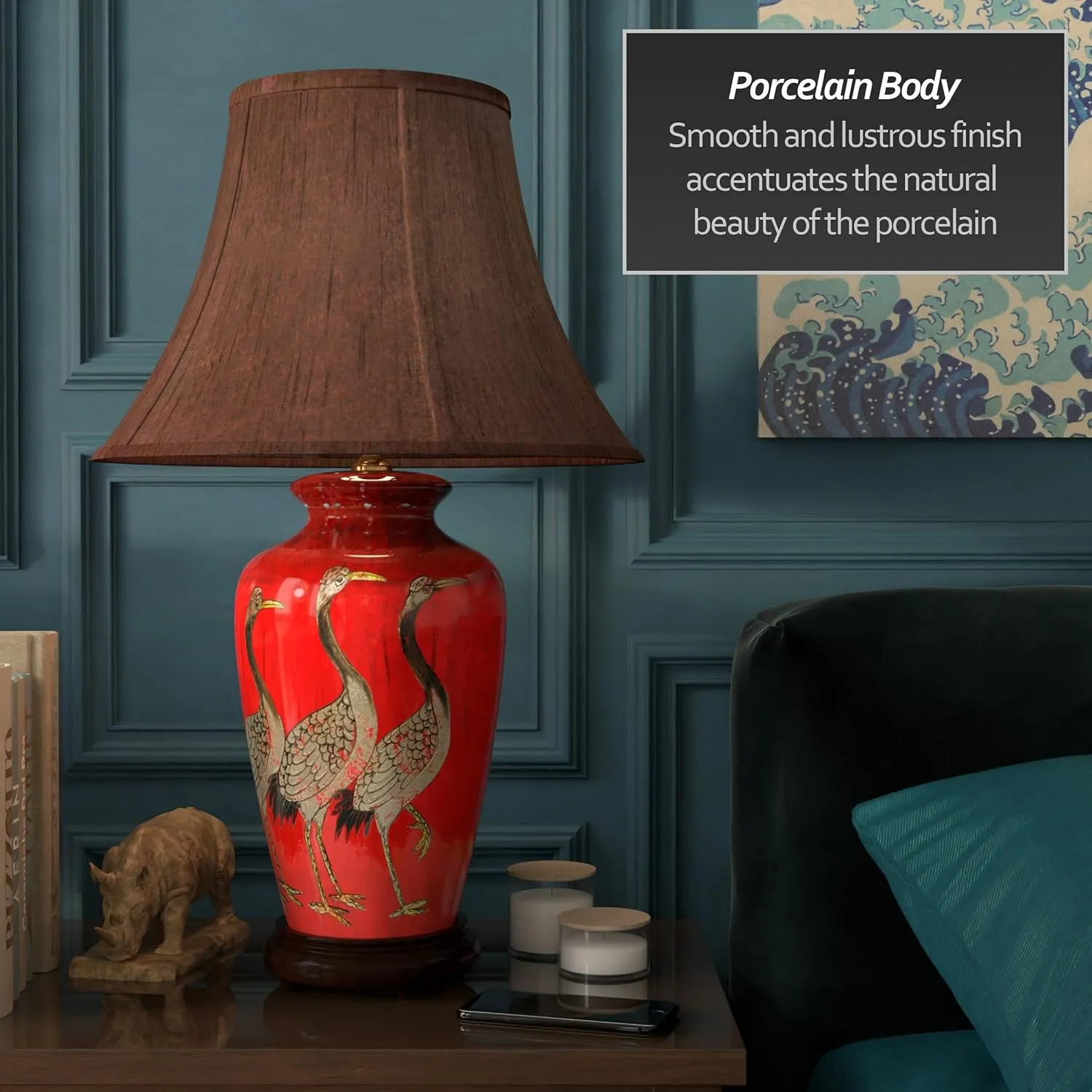 Red Lantern 26" Crowned Vase Table Lamp, Red Cranes
