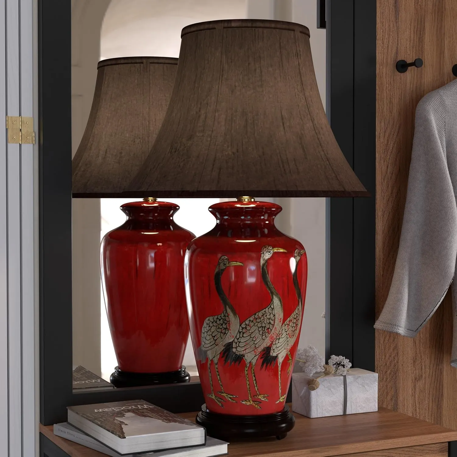 Red Lantern 26" Crowned Vase Table Lamp, Red Cranes