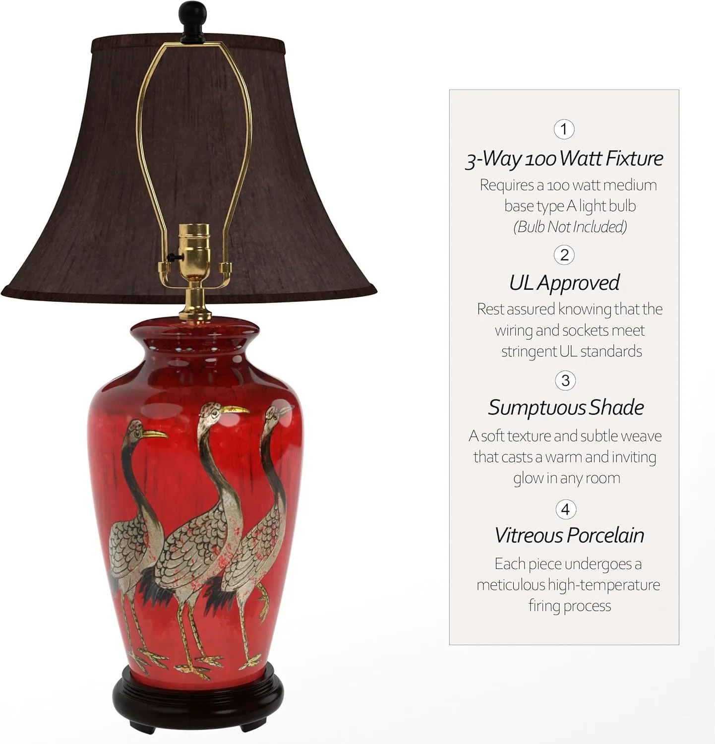 Red Lantern 26" Crowned Vase Table Lamp, Red Cranes