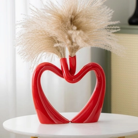 Red Hollow Ceramic Vases for Home Decor, Love Heart Snuggle Vase Set of 2, Modern Nordic Aesthetic Decorative Vase for Table Centerpiece Wedding Decoration (W 11.8" X H 9.8")