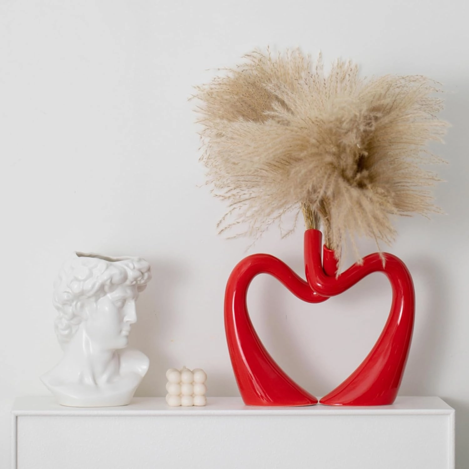 Red Hollow Ceramic Vases for Home Decor, Love Heart Snuggle Vase Set of 2, Modern Nordic Aesthetic Decorative Vase for Table Centerpiece Wedding Decoration (W 11.8" X H 9.8")