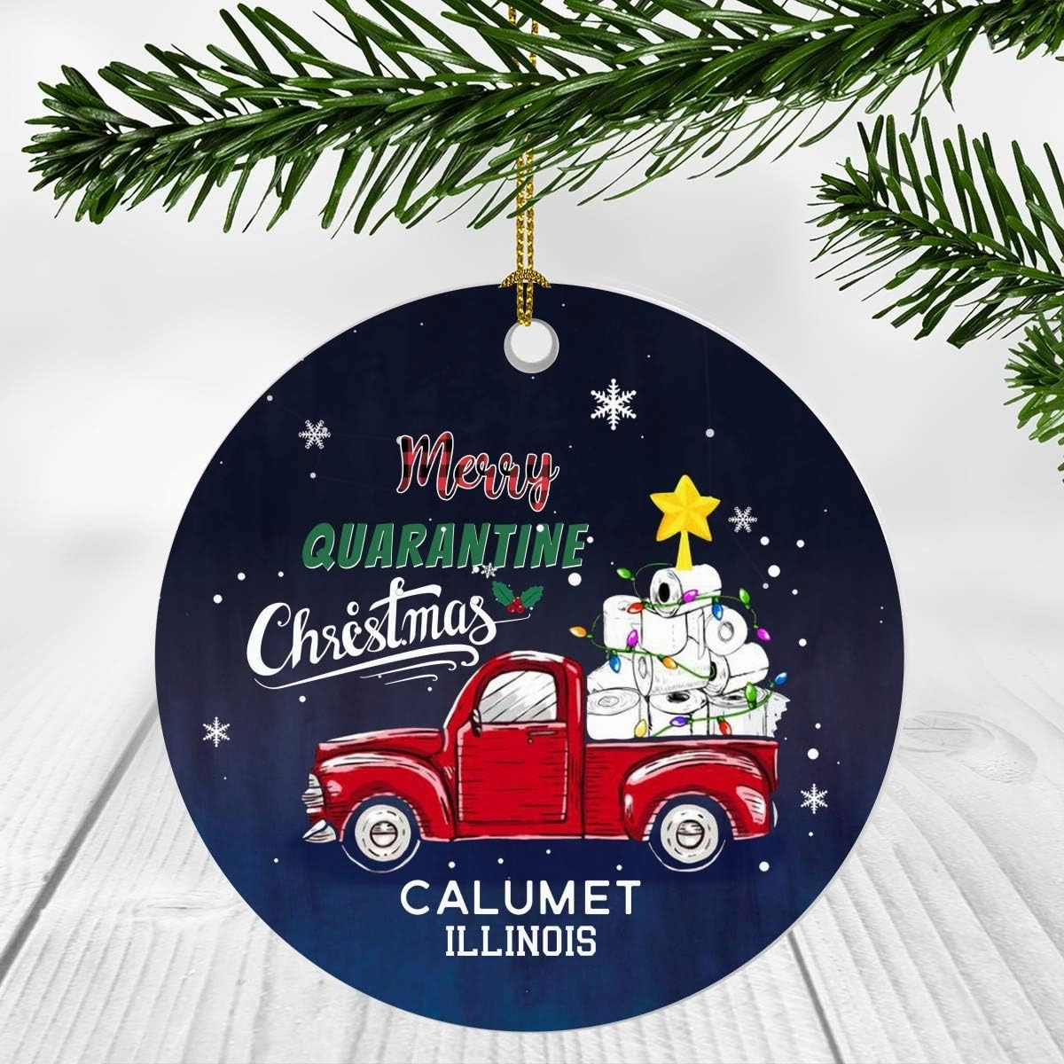 Red Truck Christmas Tree Ornaments Decorations 2020 - Merry Quarantine Christmas 2020 Ornament Calumet City Illinois State IL - Social Distancing Gifts Funny