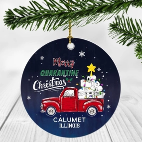 Red Truck Christmas Tree Ornaments Decorations 2020 - Merry Quarantine Christmas 2020 Ornament Calumet City Illinois State IL - Social Distancing Gifts Funny