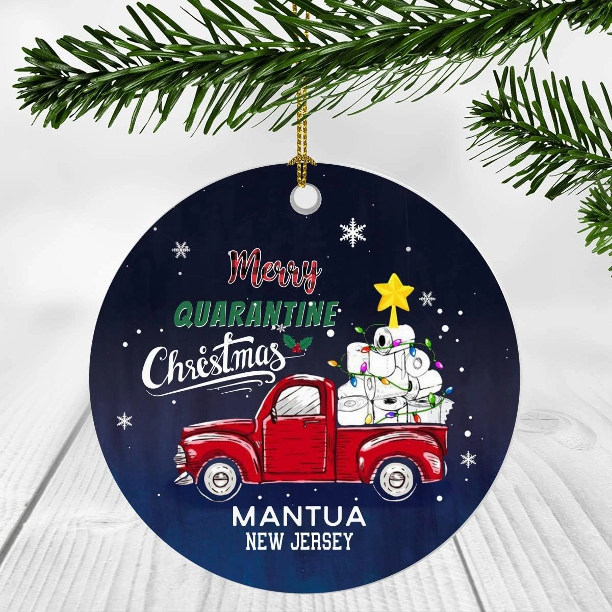 Red Truck Christmas Tree Ornaments Decorations 2020 - Merry Quarantine Christmas 2020 Ornament Mantua City New Jersey State NJ - Social Distancing Gifts Funny