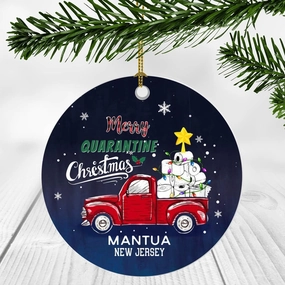 Red Truck Christmas Tree Ornaments Decorations 2020 - Merry Quarantine Christmas 2020 Ornament Mantua City New Jersey State NJ - Social Distancing Gifts Funny