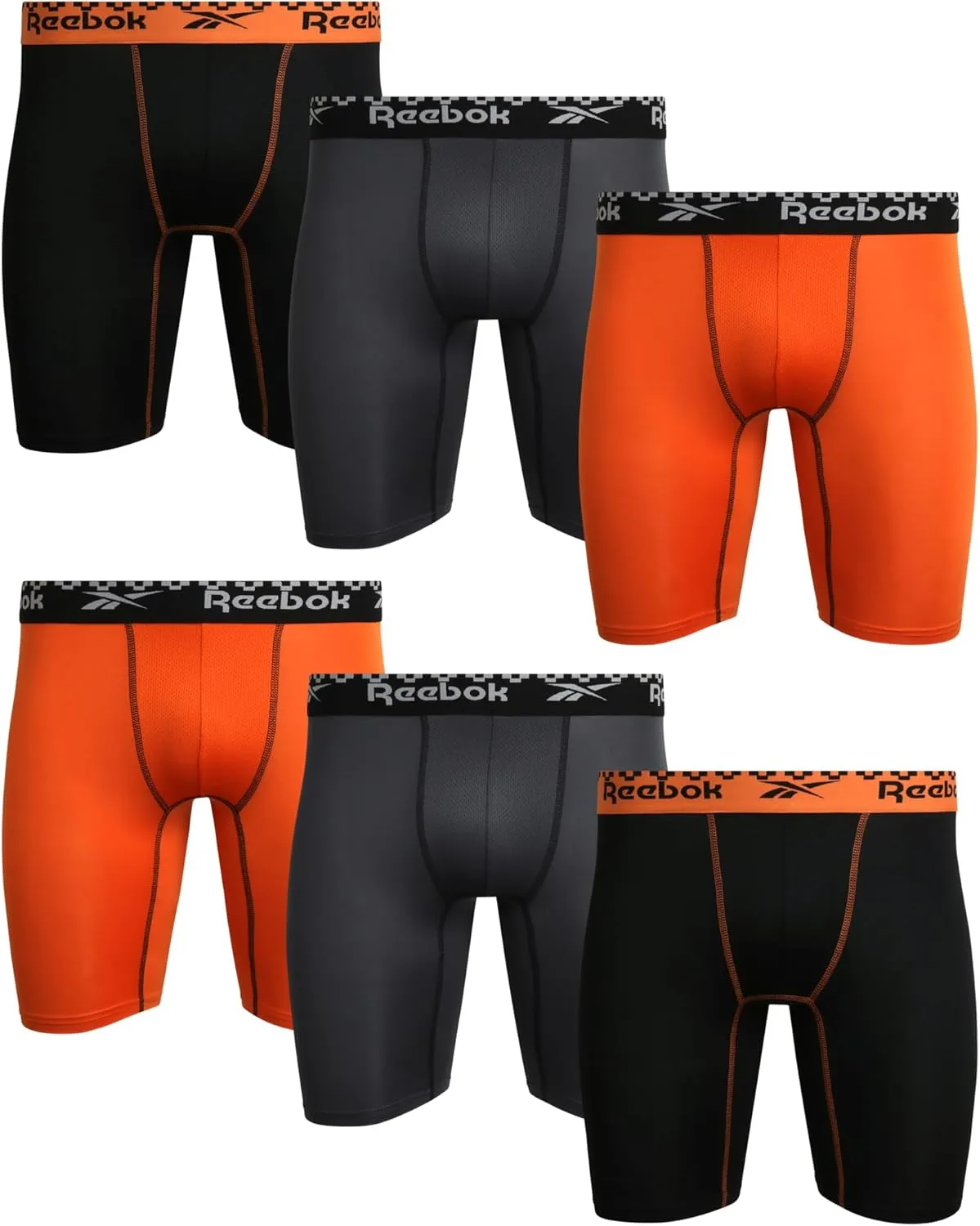 Reebok Men's Boxer Briefs - 6 Pack Sport Soft Performance Long Leg Underwear Boxers for Men with Mesh Fly Pouch (Sizes: S-XL)