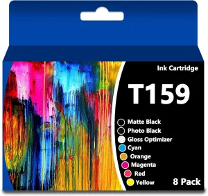 Remanufactured 159 T159 Ink Cartridge (T159020 T159120 T159220 T159320 T159420 T159720 T159820 T159920 Ink) Compatible with Stylus R2000 Photo Printer (8Packs,B,C,M,Y,R,MB,O,GO)