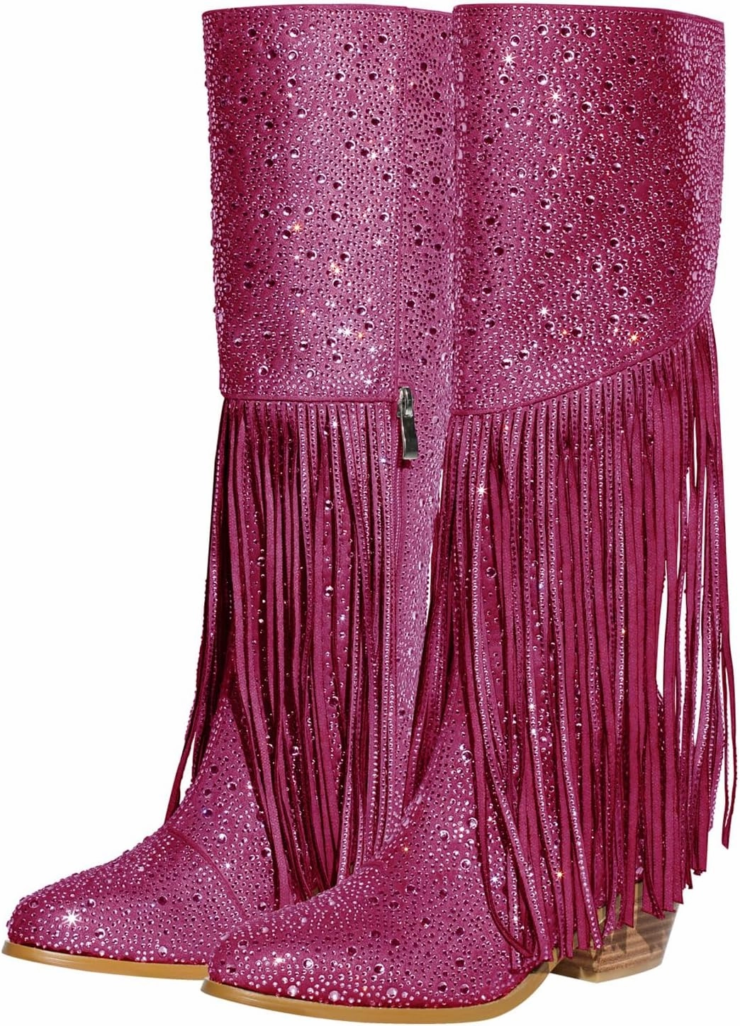 Richealnana Calf High Knee High Boots for Women Sparkle Rhinestones Clear Gems Shining Comfortable Tabs Pull-On Boots Fringe Tassel