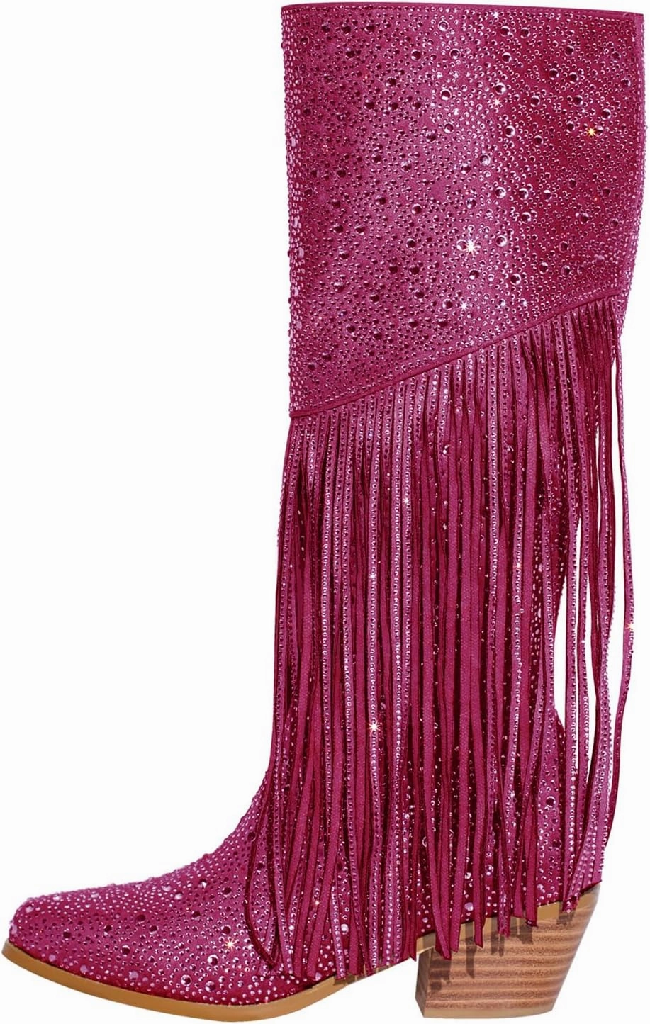 Richealnana Calf High Knee High Boots for Women Sparkle Rhinestones Clear Gems Shining Comfortable Tabs Pull-On Boots Fringe Tassel