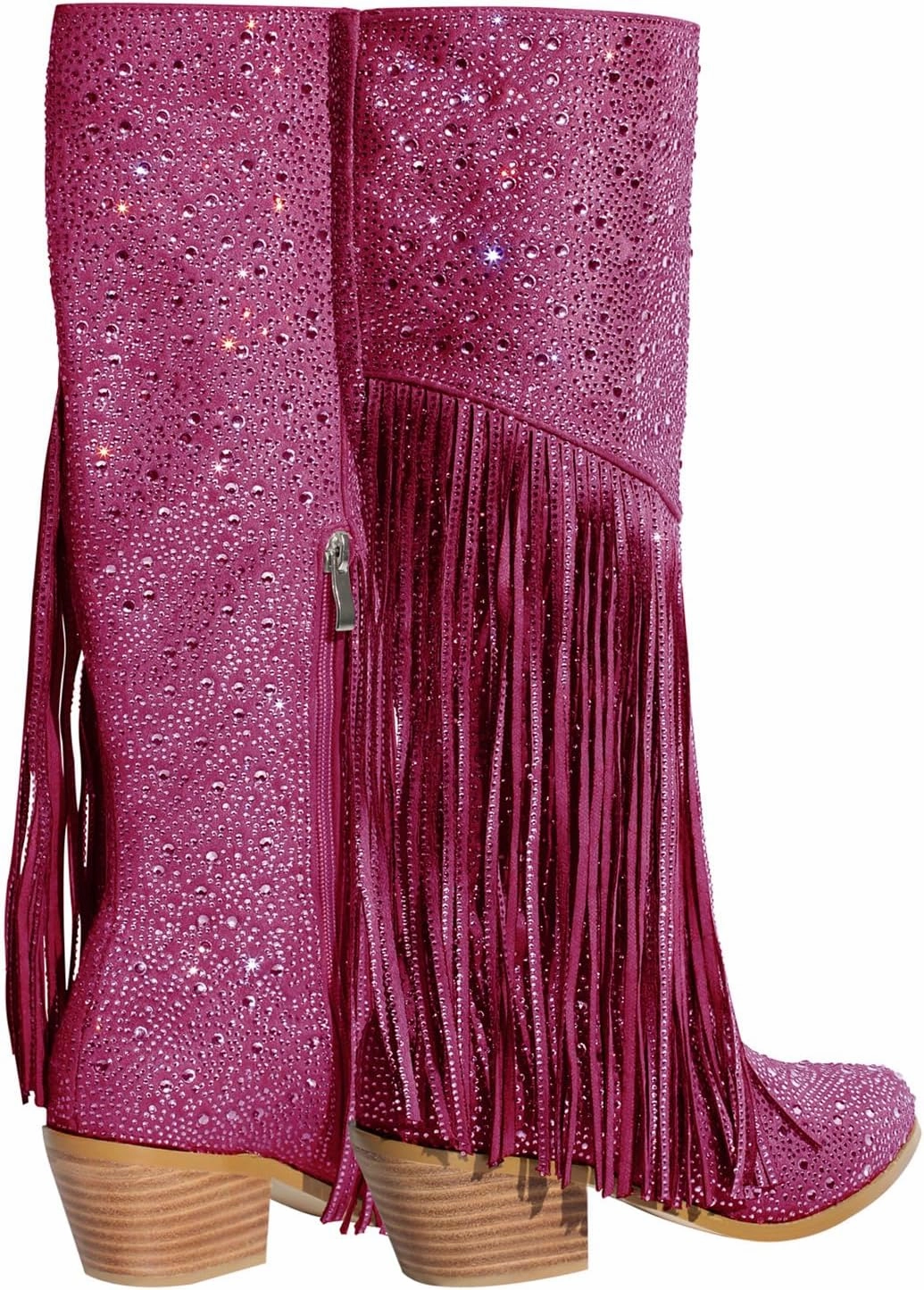 Richealnana Calf High Knee High Boots for Women Sparkle Rhinestones Clear Gems Shining Comfortable Tabs Pull-On Boots Fringe Tassel