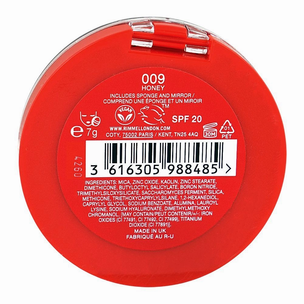 Rimmel Lasting Finish 25H Compact Powder Foundation with Hyaluronic Acid, Matte Finish, SPF20, 009 Honey