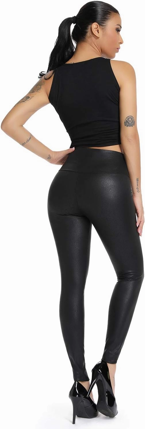 RIOJOY Womens Sexy Leather Leggings PU High Waist Butt Lifting Pleather Pants Stretchy Faux Leather Tights Push Up