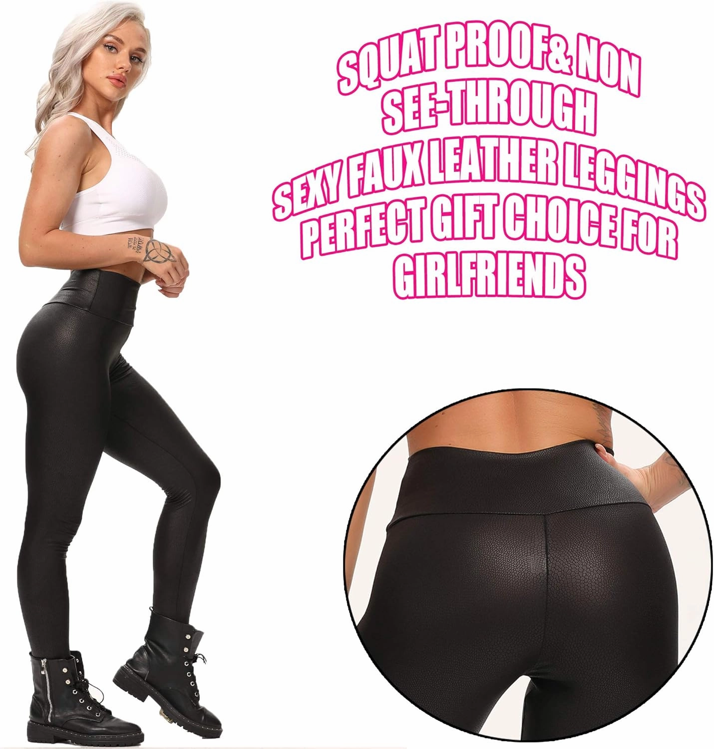 RIOJOY Womens Sexy Leather Leggings PU High Waist Butt Lifting Pleather Pants Stretchy Faux Leather Tights Push Up