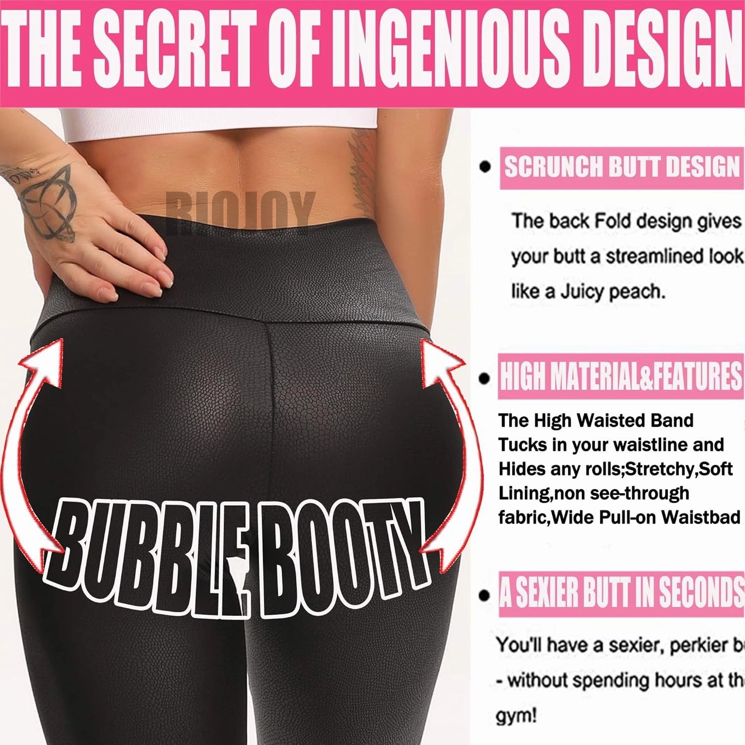 RIOJOY Womens Sexy Leather Leggings PU High Waist Butt Lifting Pleather Pants Stretchy Faux Leather Tights Push Up