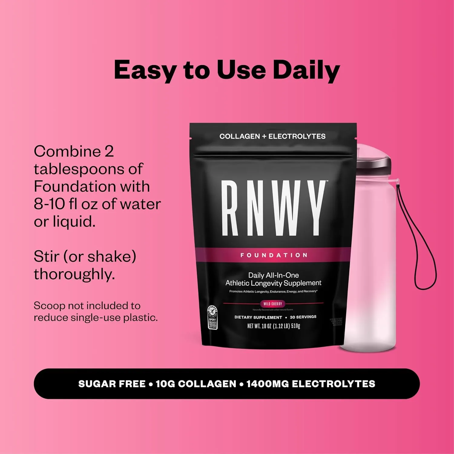 RNWY Foundation Collagen   Hydration Powder, Daily Joint Support with Electrolytes, Wild Cherry, 10g Collagen Peptides, 30 Servings