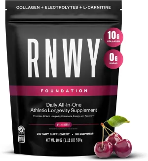 RNWY Foundation Collagen   Hydration Powder, Daily Joint Support with Electrolytes, Wild Cherry, 10g Collagen Peptides, 30 Servings