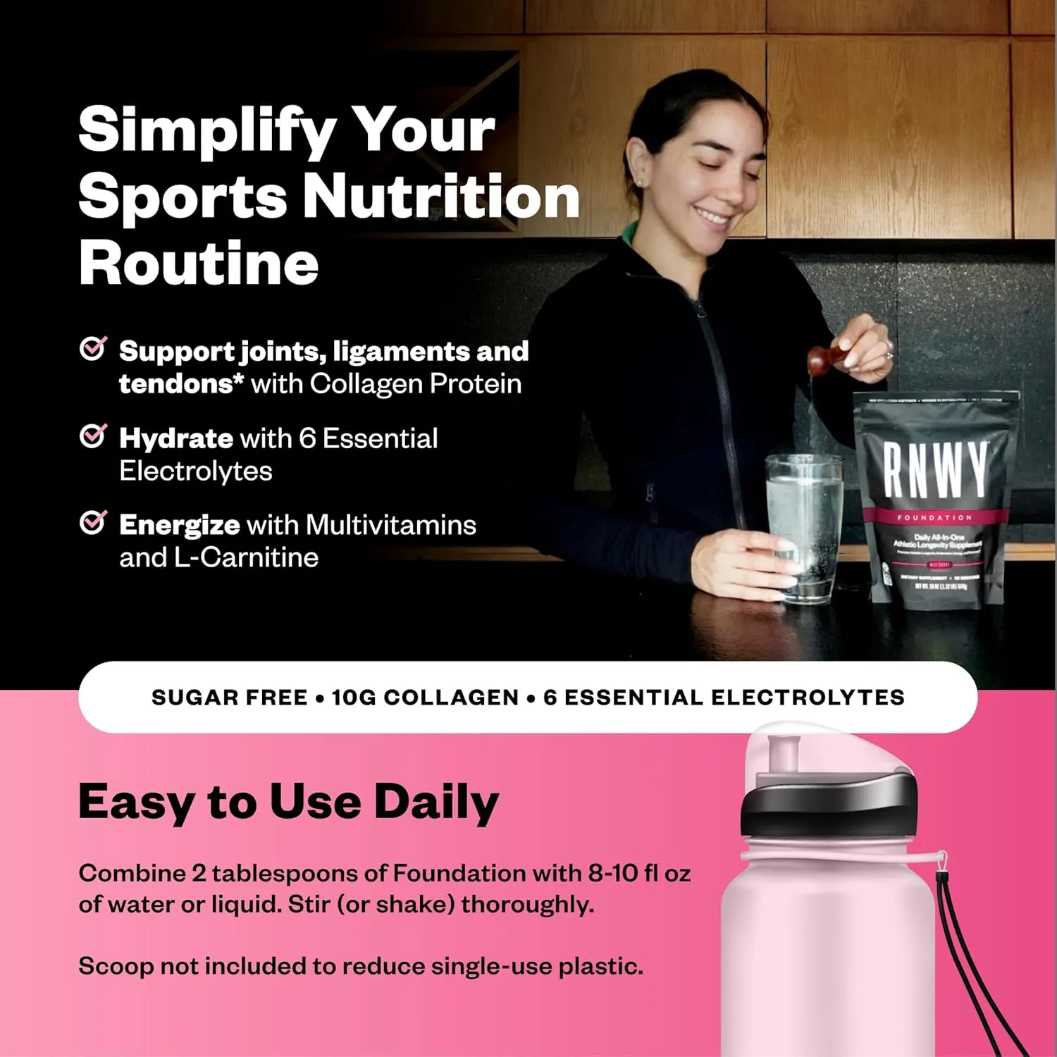 RNWY Foundation Collagen   Hydration Powder, Daily Joint Support with Electrolytes, Wild Cherry, 10g Collagen Peptides, 30 Servings