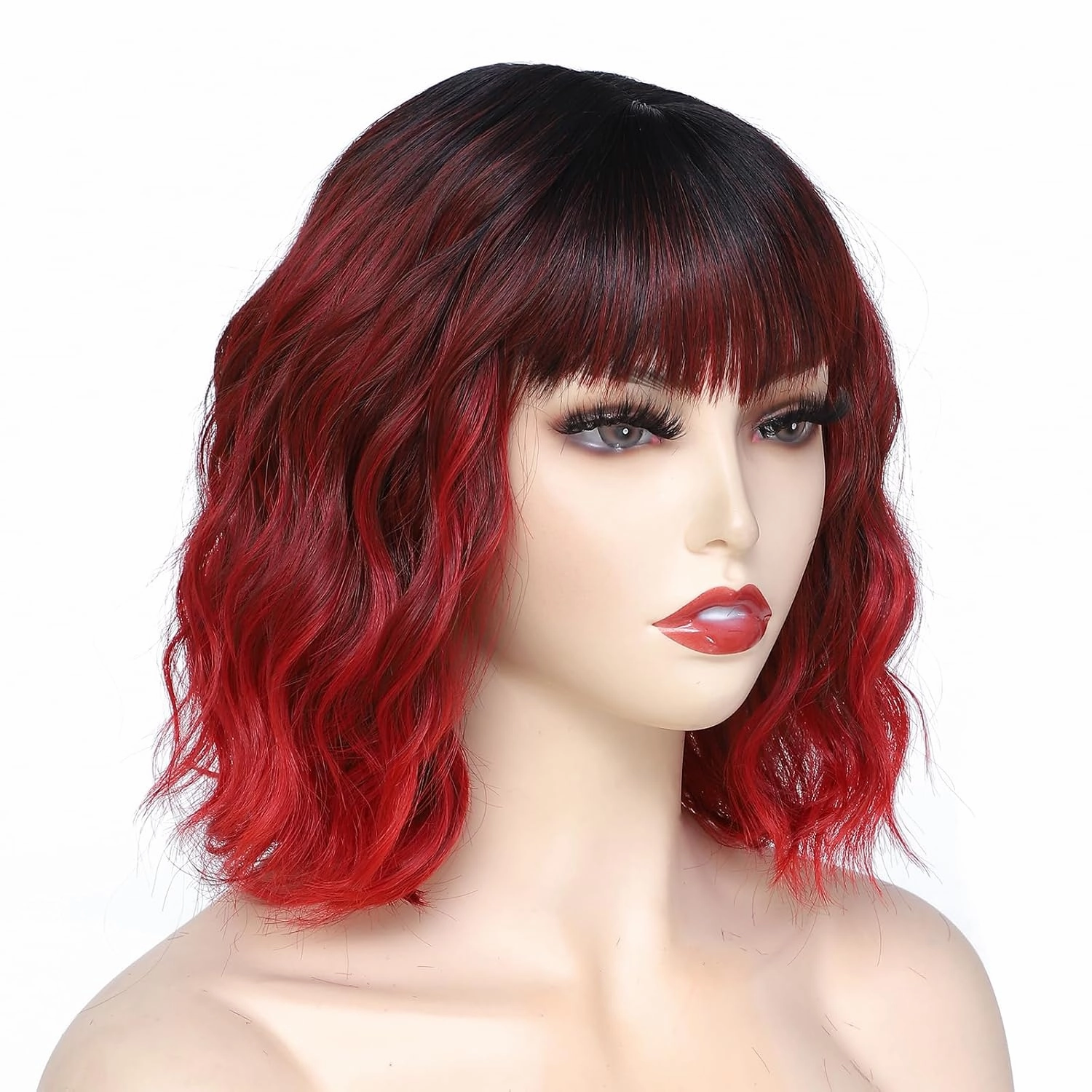 Rose bud Wavy Bob Wig with Bangs Natural Ombre Red Wig Synthetic Hair Shoulder Length Short Curly Wigs for Women