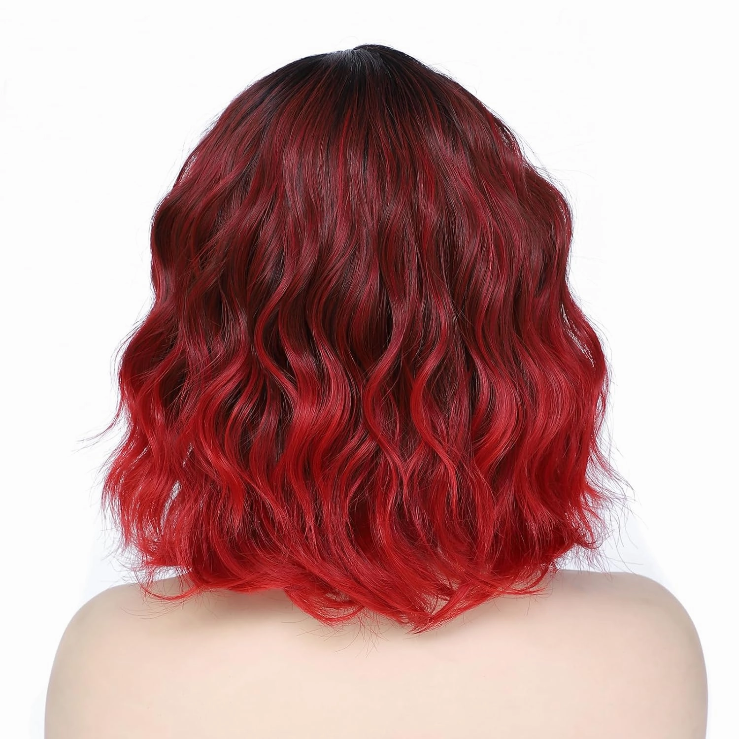 Rose bud Wavy Bob Wig with Bangs Natural Ombre Red Wig Synthetic Hair Shoulder Length Short Curly Wigs for Women