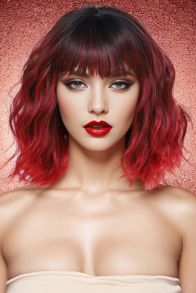 Rose bud Wavy Bob Wig with Bangs Natural Ombre Red Wig Synthetic Hair Shoulder Length Short Curly Wigs for Women
