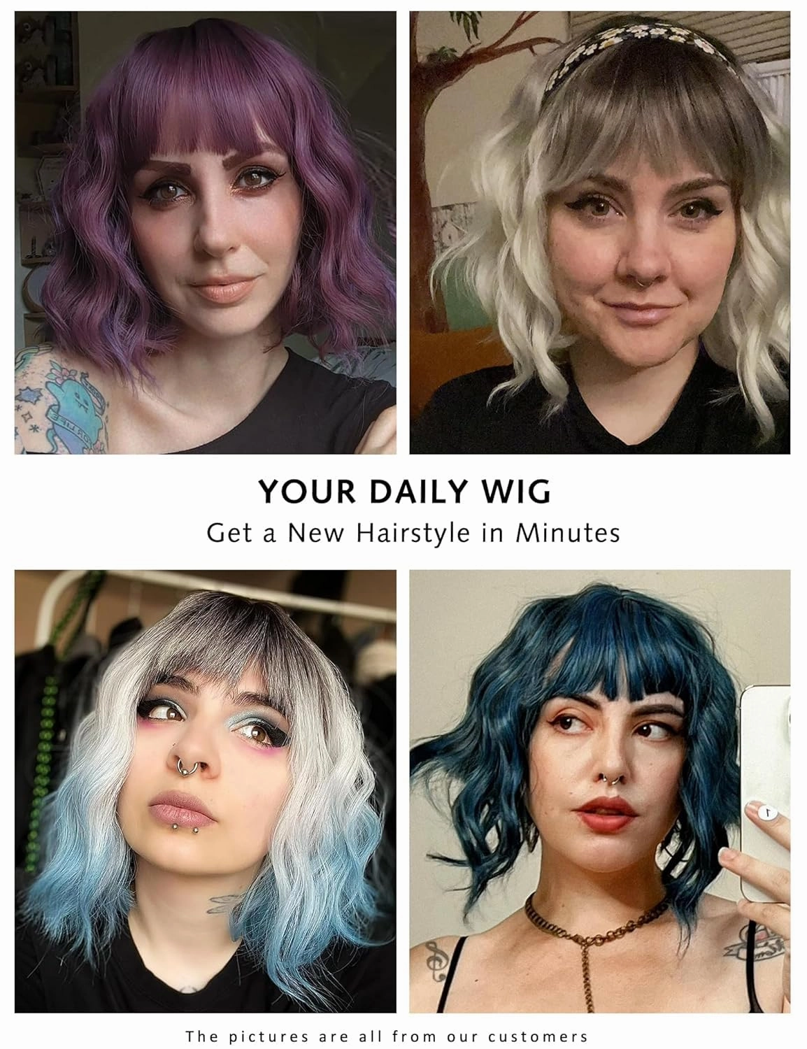 Rose bud Wavy Bob Wig with Bangs Natural Ombre Red Wig Synthetic Hair Shoulder Length Short Curly Wigs for Women