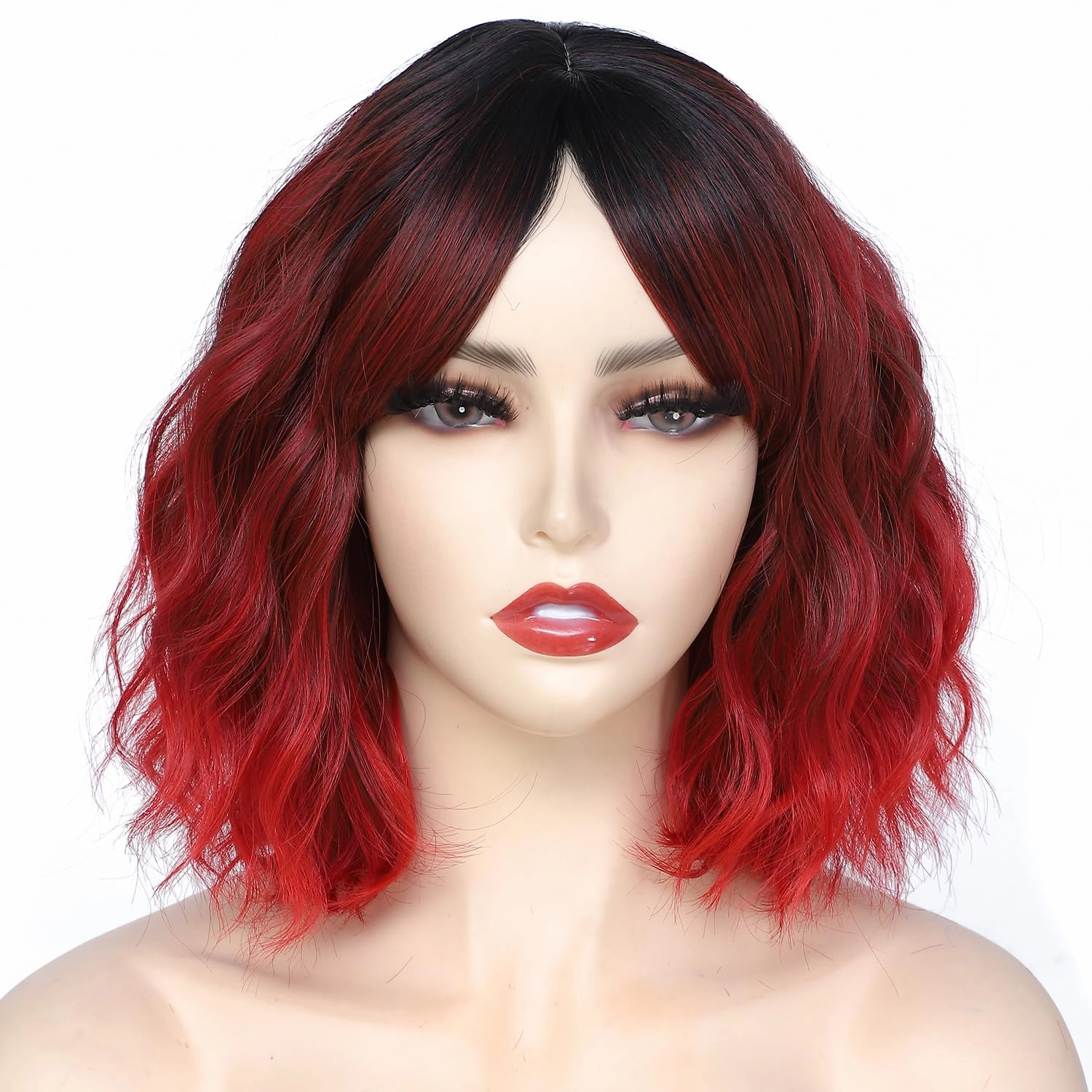 Rose bud Wavy Bob Wig with Bangs Natural Ombre Red Wig Synthetic Hair Shoulder Length Short Curly Wigs for Women