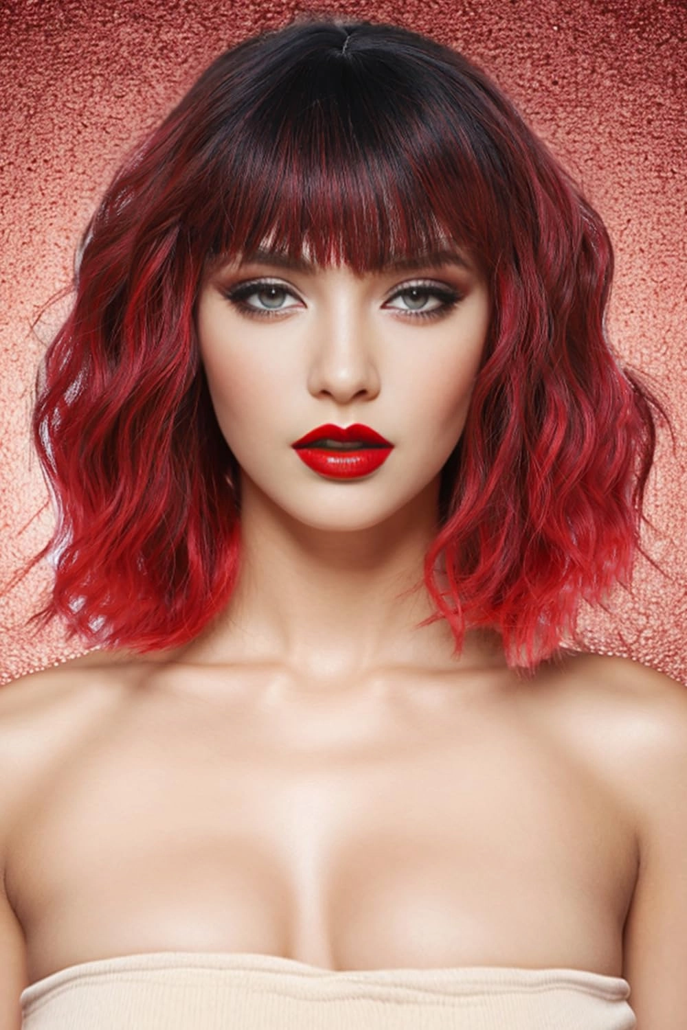Rose bud Wavy Bob Wig with Bangs Natural Ombre Red Wig Synthetic Hair Shoulder Length Short Curly Wigs for Women