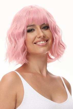 Rose bud Wavy Bob Wig with Bangs Natural Pink Wig Synthetic Hair Shoulder Length Short Curly Wigs for Women