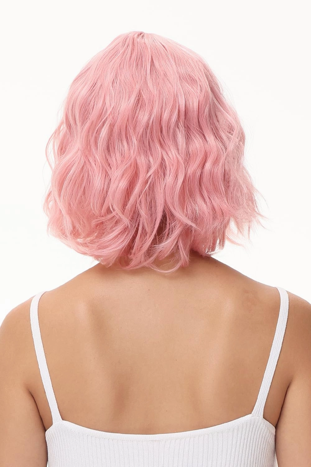 Rose bud Wavy Bob Wig with Bangs Natural Pink Wig Synthetic Hair Shoulder Length Short Curly Wigs for Women