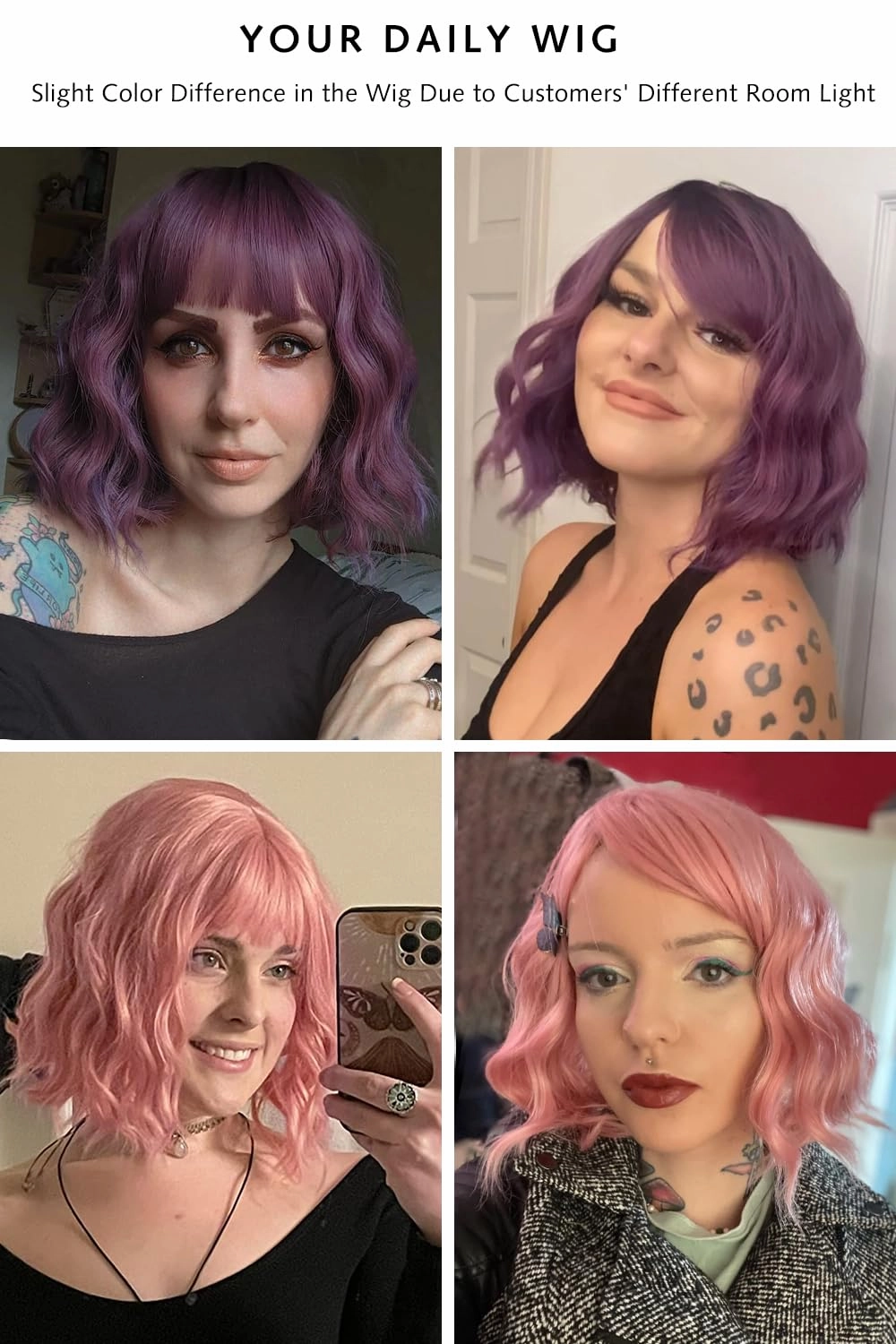 Rose bud Wavy Bob Wig with Bangs Natural Pink Wig Synthetic Hair Shoulder Length Short Curly Wigs for Women