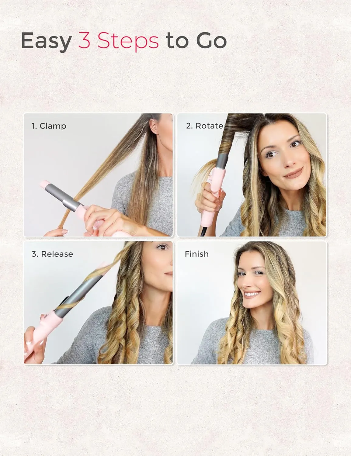 Rotating Curling Iron 1 Inch - TYMO Automatic Curling Wand for Beach Waves, 2024 Upgraded Professional Tourmaline Ceramic Auto Curler with 40M Negative Ions & 30s Heat-up for Medium Hair, Pink