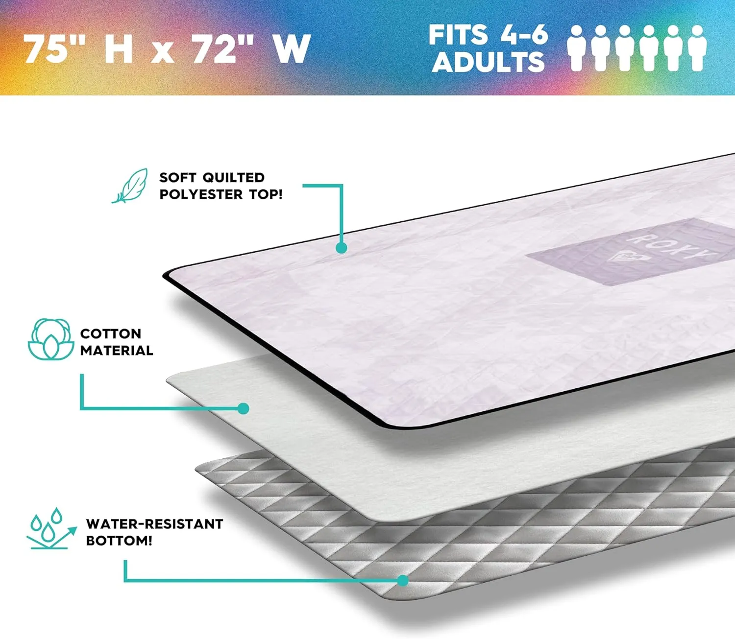 Roxy Sand-Free Beach Mat – Large Waterproof Outdoor Picnic Blanket, Lightweight Foldable Mat for Beach, Camping, Park, or Travel – Fits 4-6 People, Quick-Dry, Durable
