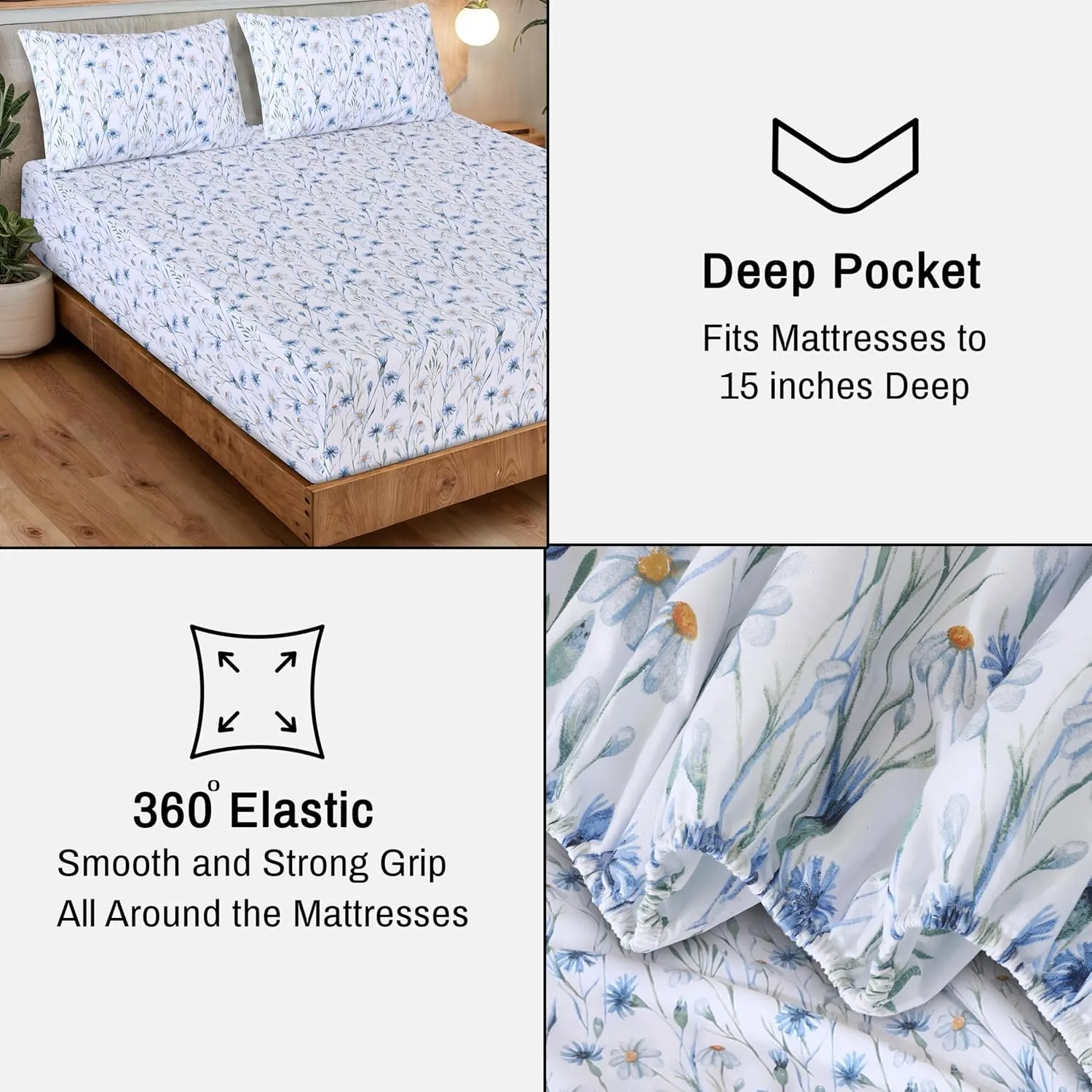 RUVANTI 100% Organic Cotton Sheets King Size, Percale Weave, GOTS Certified, 4-Piece Set, Deep Pocket 15", Crisp & Breathable, Soft Durable Bedding, Sábanas Algodón Orgánico – Daisy Bud