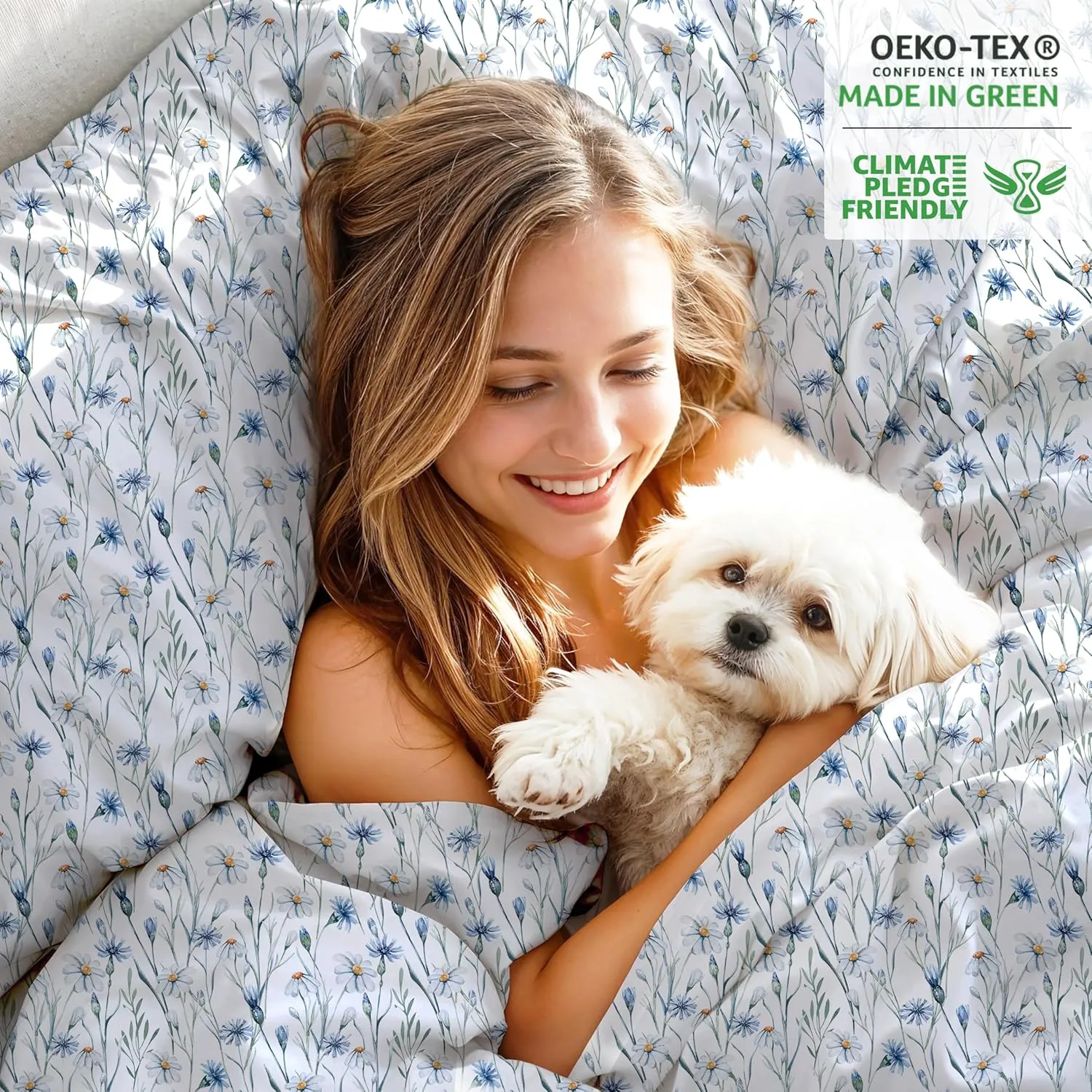 RUVANTI 100% Organic Cotton Sheets King Size, Percale Weave, GOTS Certified, 4-Piece Set, Deep Pocket 15", Crisp & Breathable, Soft Durable Bedding, Sábanas Algodón Orgánico – Daisy Bud