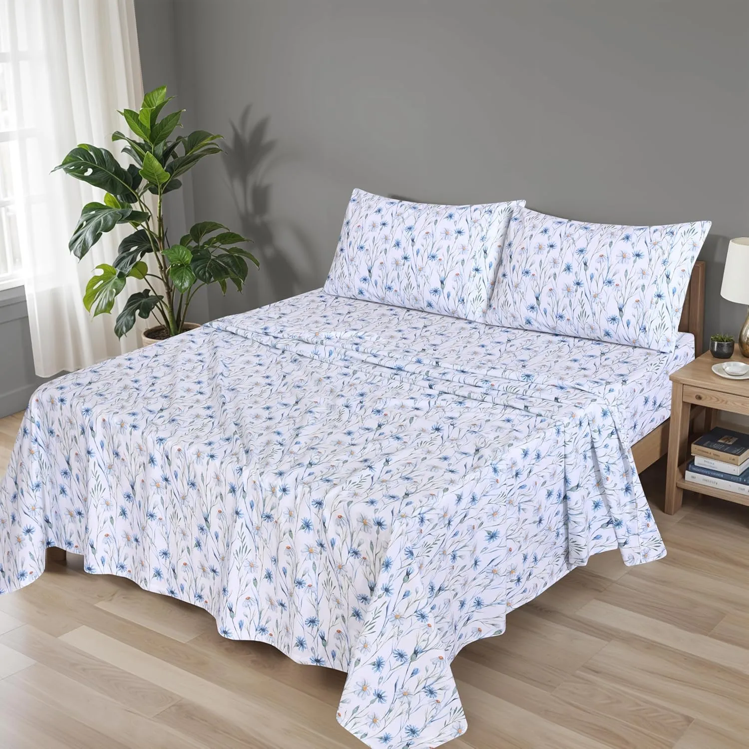 RUVANTI 100% Organic Cotton Sheets King Size, Percale Weave, GOTS Certified, 4-Piece Set, Deep Pocket 15", Crisp & Breathable, Soft Durable Bedding, Sábanas Algodón Orgánico – Daisy Bud