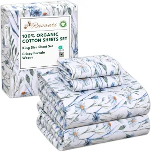 RUVANTI 100% Organic Cotton Sheets King Size, Percale Weave, GOTS Certified, 4-Piece Set, Deep Pocket 15", Crisp & Breathable, Soft Durable Bedding, Sábanas Algodón Orgánico – Daisy Bud
