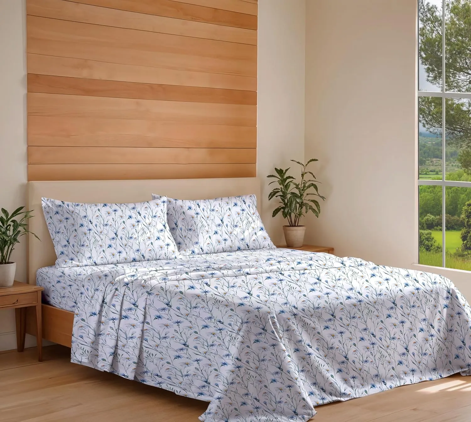 RUVANTI 100% Organic Cotton Sheets King Size, Percale Weave, GOTS Certified, 4-Piece Set, Deep Pocket 15", Crisp & Breathable, Soft Durable Bedding, Sábanas Algodón Orgánico – Daisy Bud