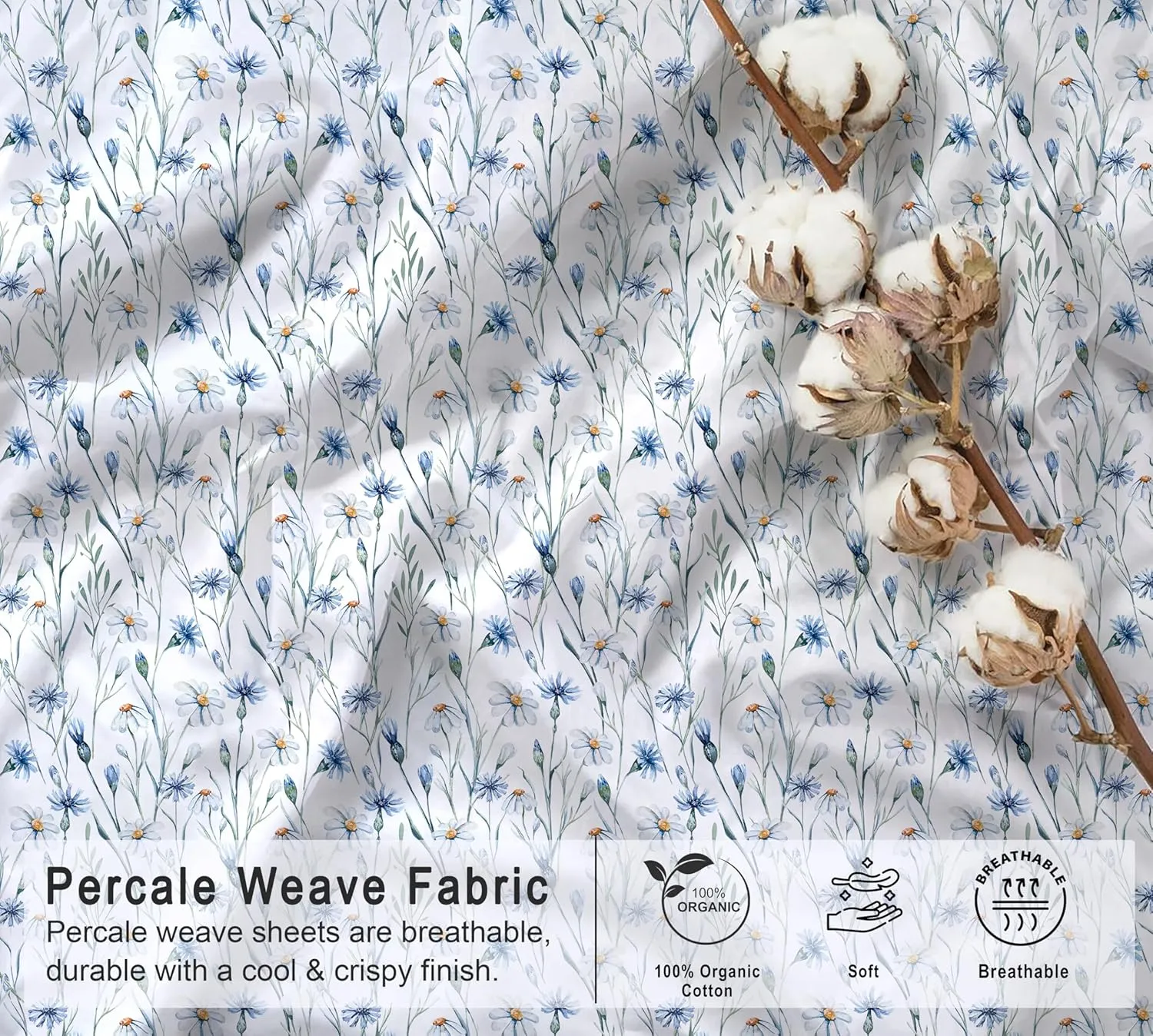 RUVANTI 100% Organic Cotton Sheets King Size, Percale Weave, GOTS Certified, 4-Piece Set, Deep Pocket 15", Crisp & Breathable, Soft Durable Bedding, Sábanas Algodón Orgánico – Daisy Bud