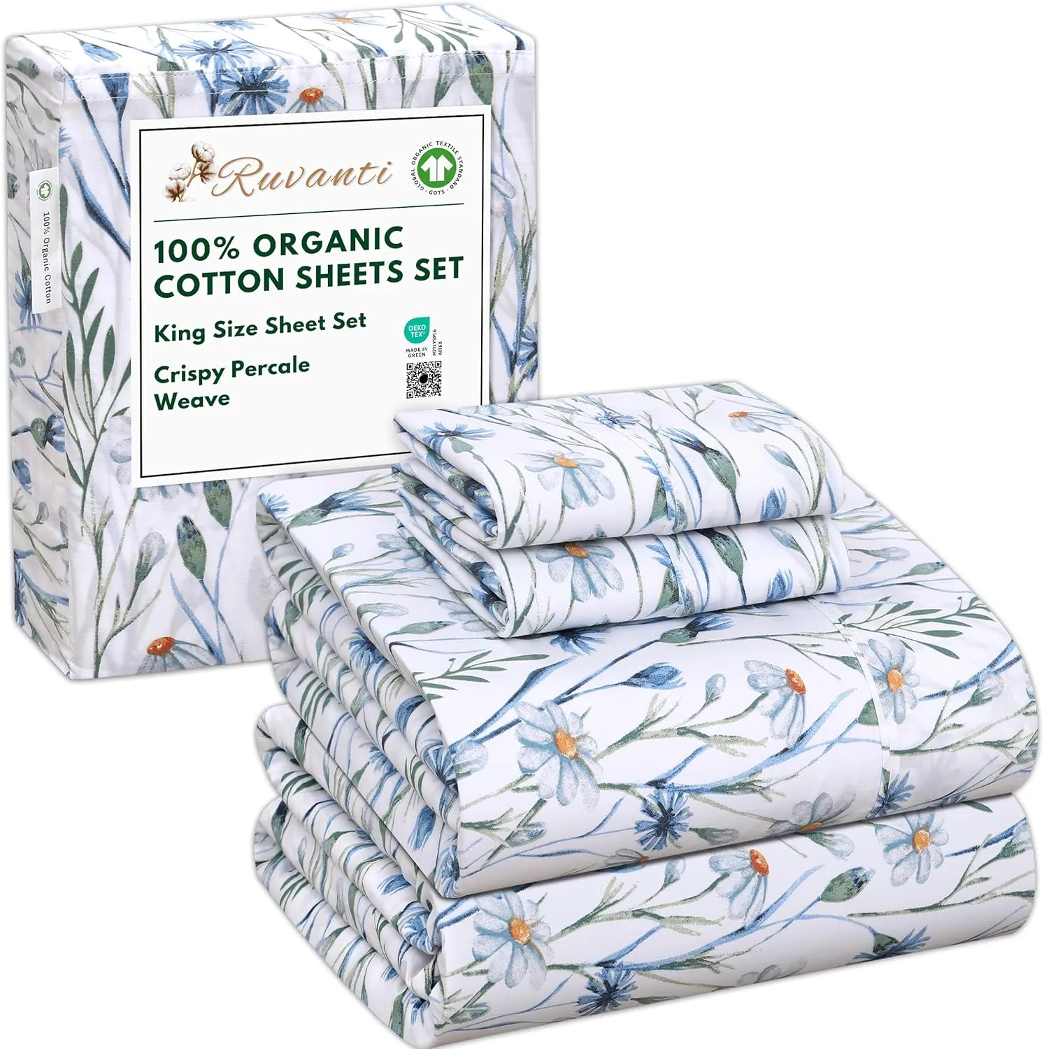 RUVANTI 100% Organic Cotton Sheets King Size, Percale Weave, GOTS Certified, 4-Piece Set, Deep Pocket 15", Crisp & Breathable, Soft Durable Bedding, Sábanas Algodón Orgánico – Daisy Bud
