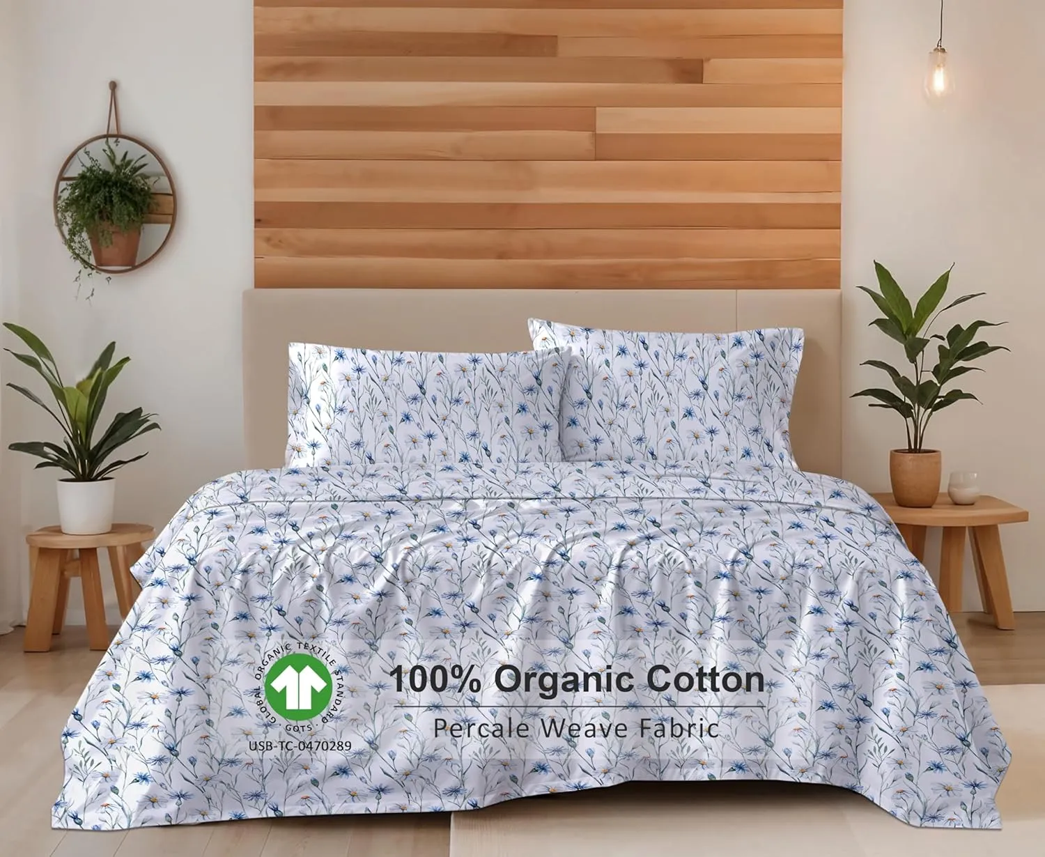 RUVANTI 100% Organic Cotton Sheets King Size, Percale Weave, GOTS Certified, 4-Piece Set, Deep Pocket 15", Crisp & Breathable, Soft Durable Bedding, Sábanas Algodón Orgánico – Daisy Bud
