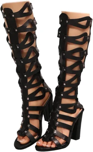 SACFOF Womens Gladiator Sandals Studs Open Toe Chunky High Heel Roman Zipper Sandals Summer Knee High Booties