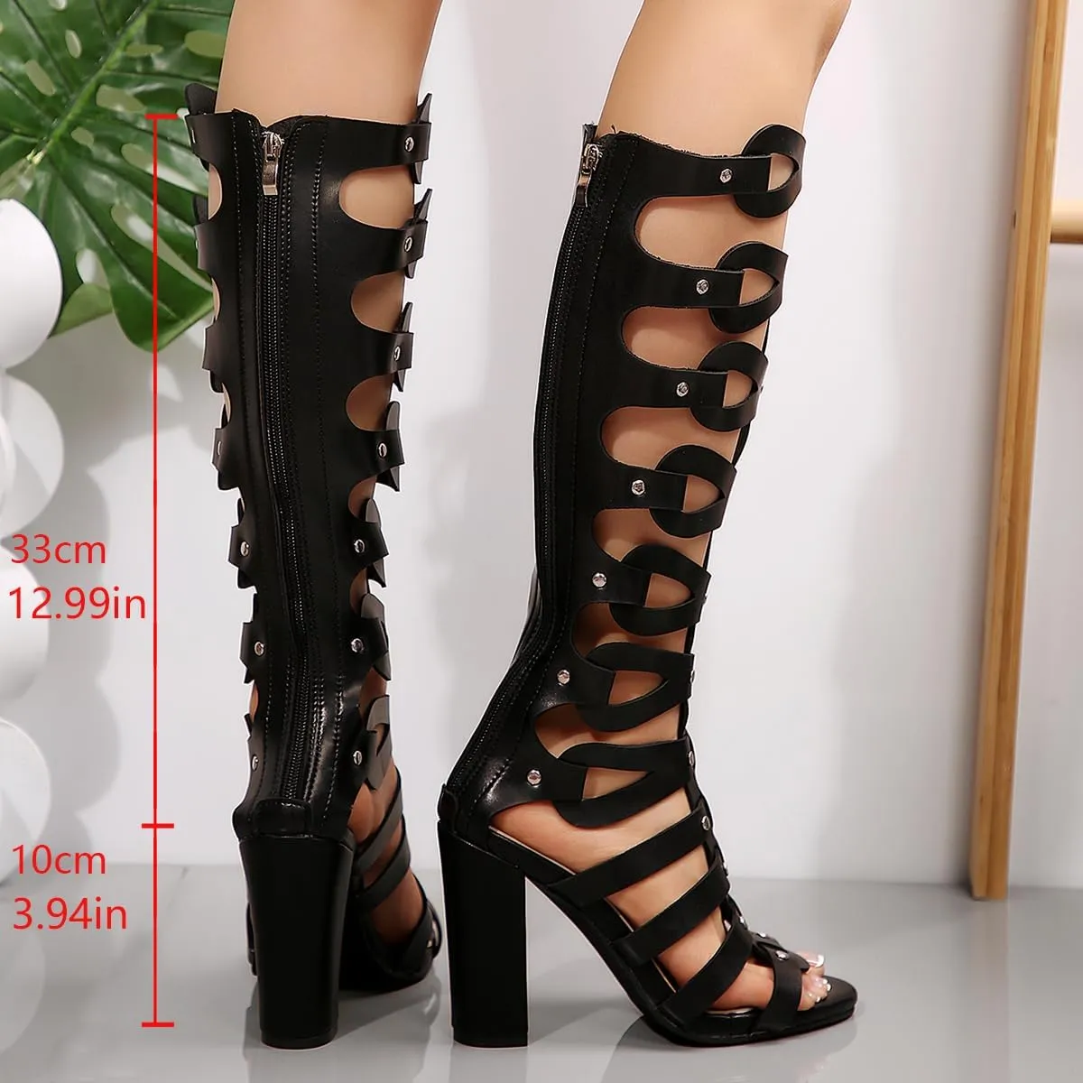 SACFOF Womens Gladiator Sandals Studs Open Toe Chunky High Heel Roman Zipper Sandals Summer Knee High Booties